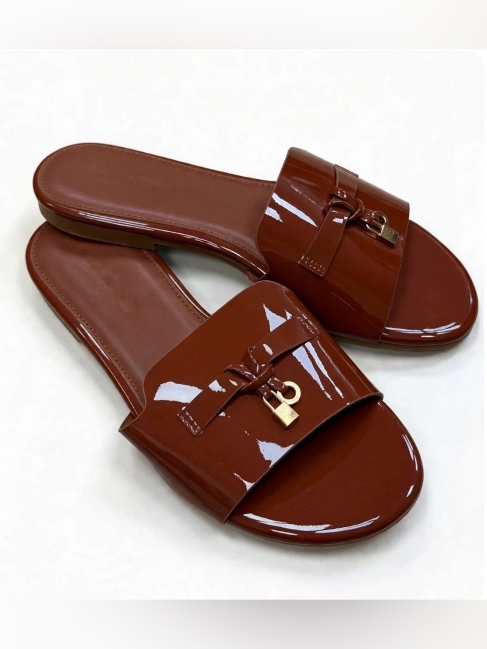 Patent Leather Slide Sandals in Chestnut Brown - Women's